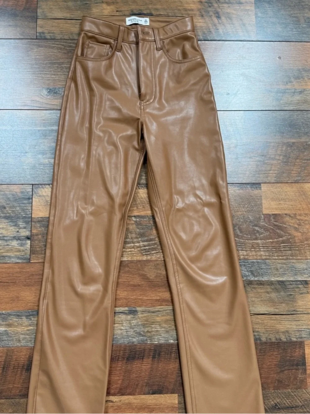 Abercrombie & Fitch Faux Leather 90s Straight Ultra High Rise Pant - Camel Brown